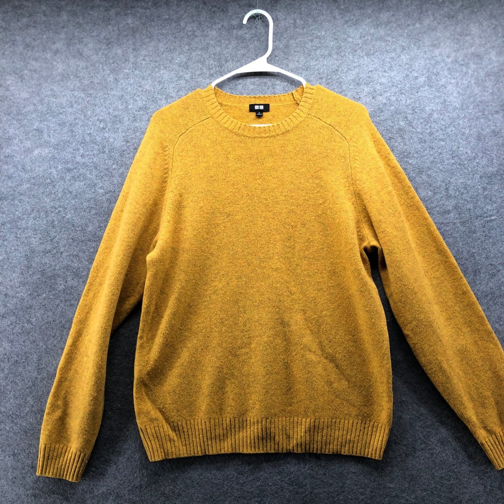 Uniqlo Mustard Yellow 100% Lambswool Sweater Mens M Crewneck Gold Ochre Marled